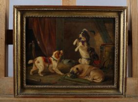 19TH CENTURY CONTINENTAL SCHOOL, Circus dogs and monkey in a barn, oil on canvas, signed L de C to