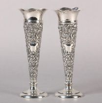 A PAIR OF EDWARD VII SILVER SPECIMEN VASES, London 1903 for Wm Comyns, wavy rim, the tapered body