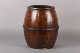 A 19TH CENTURY IRON BOUND COOPERED ELM BARREL, 20cm diameter at opening x 29.5cm high (Shipping