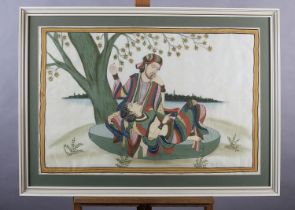 INDIAN SCHOOL MID 20TH CENTURY, Lovers beneath a tree beside a river, painted in gouache on silk