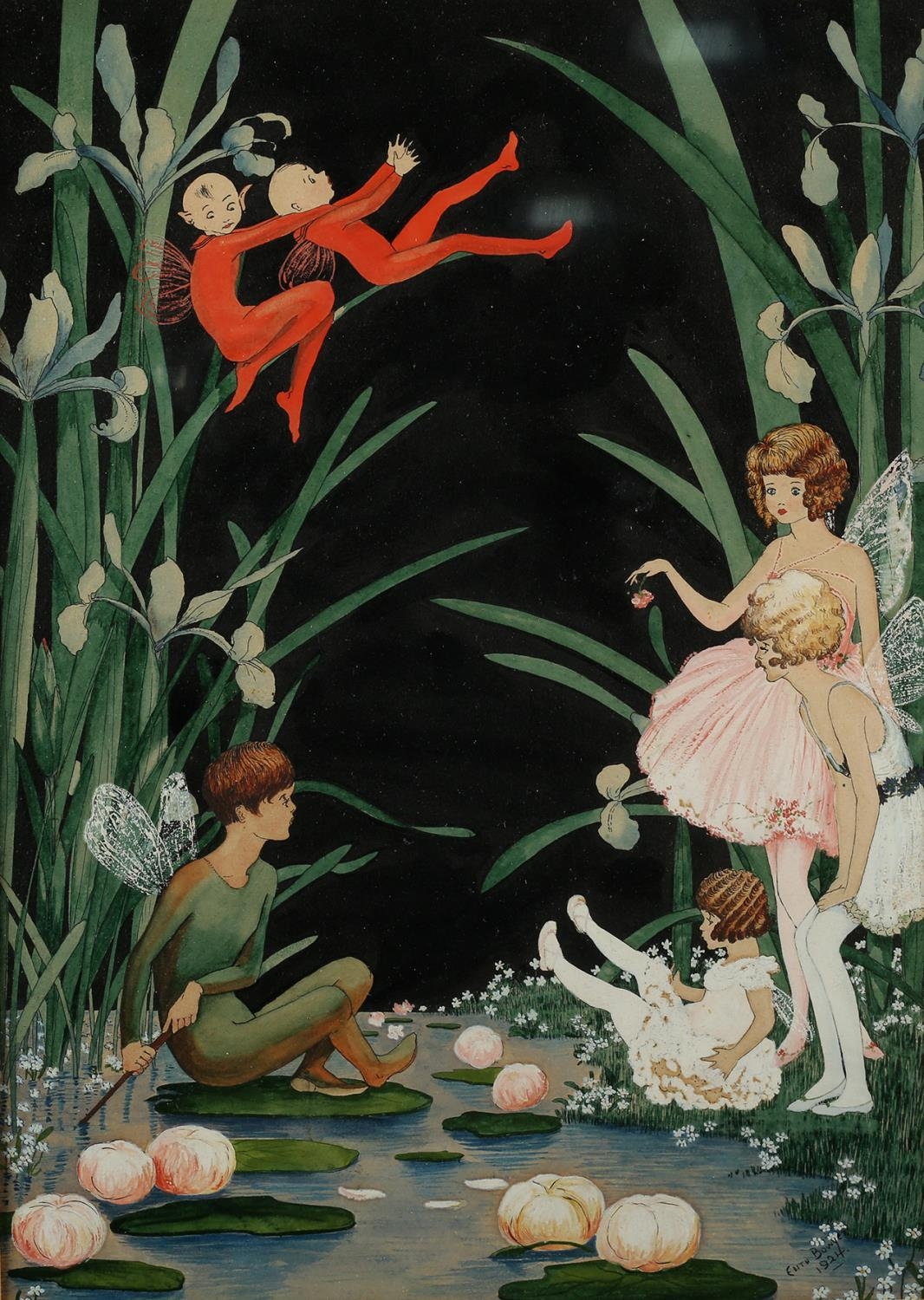 EDYTHE BOWYER (19th/20th century), Fairyfolk amongst Iris, watercolour and gouache, signed and dated - Image 2 of 6