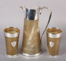A 19TH CENTURY SILVER MOUNTED HORN JUG AND PAIR OF BEAKERS, London 1875 for Chawner & Co, the jug