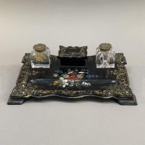 A VICTORIAN PAPIER MACHE DESK STANDISH, painted and inlaid with mother-of-pearl flowers gilt