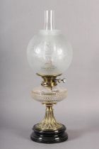 A VICTORIAN BRASS OIL LAMP, slice cut clear glass reservoir, globular opaque glass shade etched with