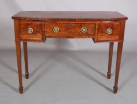 A GEORGE III STYLE MAHOGANY AND CROSSBANDED SIDEBOARD, having a drawer to the centre flanked by a