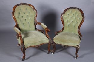 A PAIR OF VICTORIAN WALNUT GENTLEMAN'S ARMCHAIR AND LADY'S CHAIR, each having an encircling frame