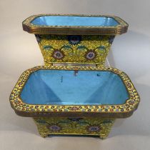 A PAIR OF CHINESE YELLOW AND TURQUOISE CLOISONNÉ JARDINIÈRE, Qing, rectangular with inset corners,