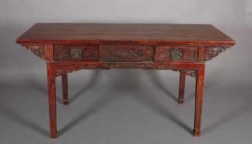 A CHINESE ELM AND LACQUERED ALTAR TABLE, Qing, having a planked surface above a deep frieze carved