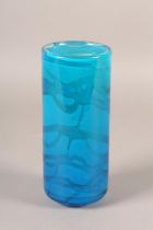AN MDINA GLASS CYLINDRICAL VASE, marine blue with green inclusions, signed MDINA to base, 20cm