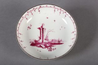 A MID 18TH CENTURY HOCHST PORCELAIN SAUCER DISH, c1755, painted in purpurmalerei with a ruin and
