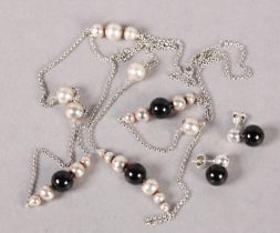 GEORG JENSEN MOONLIGHT GRAPES SUITE OF SILVER AND ONYX NECKCHAIN AND EAR STUDS of belcher links,