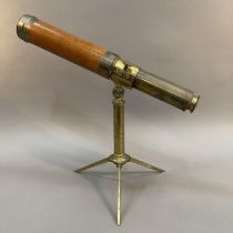 BRASS AND MAHOGANY FOUR DRAW TELESCOPE by Chadburn Brothers Sheffield on tripod stand, 82cm long (