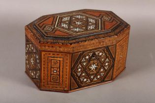A MID 19TH CENTURY MOTHER-OF-PEARL AND MARQUETRY WORK BOX OF MIDDLE EASTERN STYLE, irregular