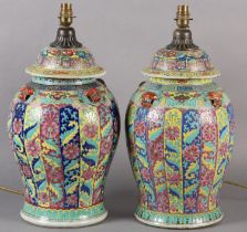 A MATCHED PAIR OF CHINESE FAMILLE ROSE VASES AS TABLE LAMPS, Qing, having domed cover, with