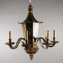 A LACQUERED BLACK AND GILT EIGHT ARM ELECTROLIER, the main stem formed as a pagoda with sloping
