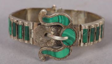 A VICTORIAN MALACHITE AND SILVER BELT BUCKLE BRACELET set to the buckle and barrel links with