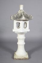 A WHITE MARBLE GARDEN JAPANESE LANTERN with carved titled pagoda hood, the hexagonal body with