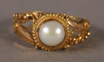A MABÉ PEARL SINGLE STONE RING, the 7mm pearl collet set over a twisted wire surround flanked by