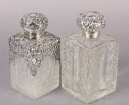 A LATE VICTORIAN SILVER MOUNTED CUT GLASS COLOGNE BOTTLE, Birmingham 1900, of square outline, having