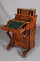 A VICTORIAN FIGURED WALNUT DAVENPORT, having a pierced gilt metal gallery, pop-up back fitted with