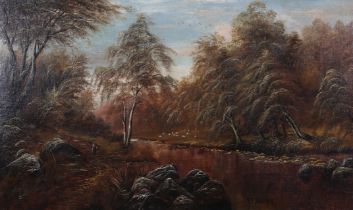 T E STUBBS, River landscape with figure on a pathway and sheep grazing, oil on canvas, signed to