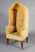 AN EDWARD VII MAHOGANY HALL PORTER'S CHAIR with rounded canopy, upholstered in mid-yellow velvet and