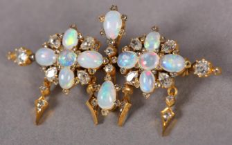 A 19TH CENTURY OPAL AND DIAMOND BROOCH in 15ct gold, the oval circular and pear shaped cabochon