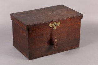 A 19TH CENTURY OAK BOX, having period strap hinges with engraved brass escutcheon and key, 38cm wide