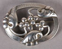GEORG JENSEN 101 MOONLIGHT GRAPES SILVER BROOCH, pierced and planished, of oval outline,