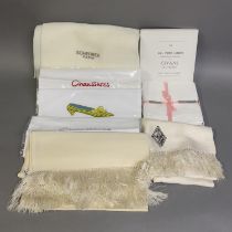 A Scherrer Paris white scarf, a pure silk cream scarf with fringe and another, shoe bags and a set