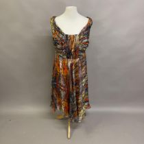 Bruce Oldfield Couture, London, A sleeveless silk cocktail dress, in shades of orange, blue, yellow,