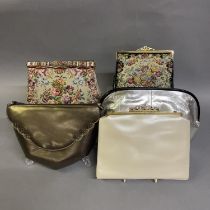 Two petit point evening bags with gold metal chains and clasps together with two further evening