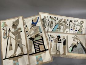 Four applique panels depicting Egyptian pharaohs and attendants, sphinx and related motifs