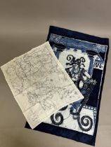 A silk scarf containing a map of Greece, by the Air Ministry and a dark blue screen printed Indian