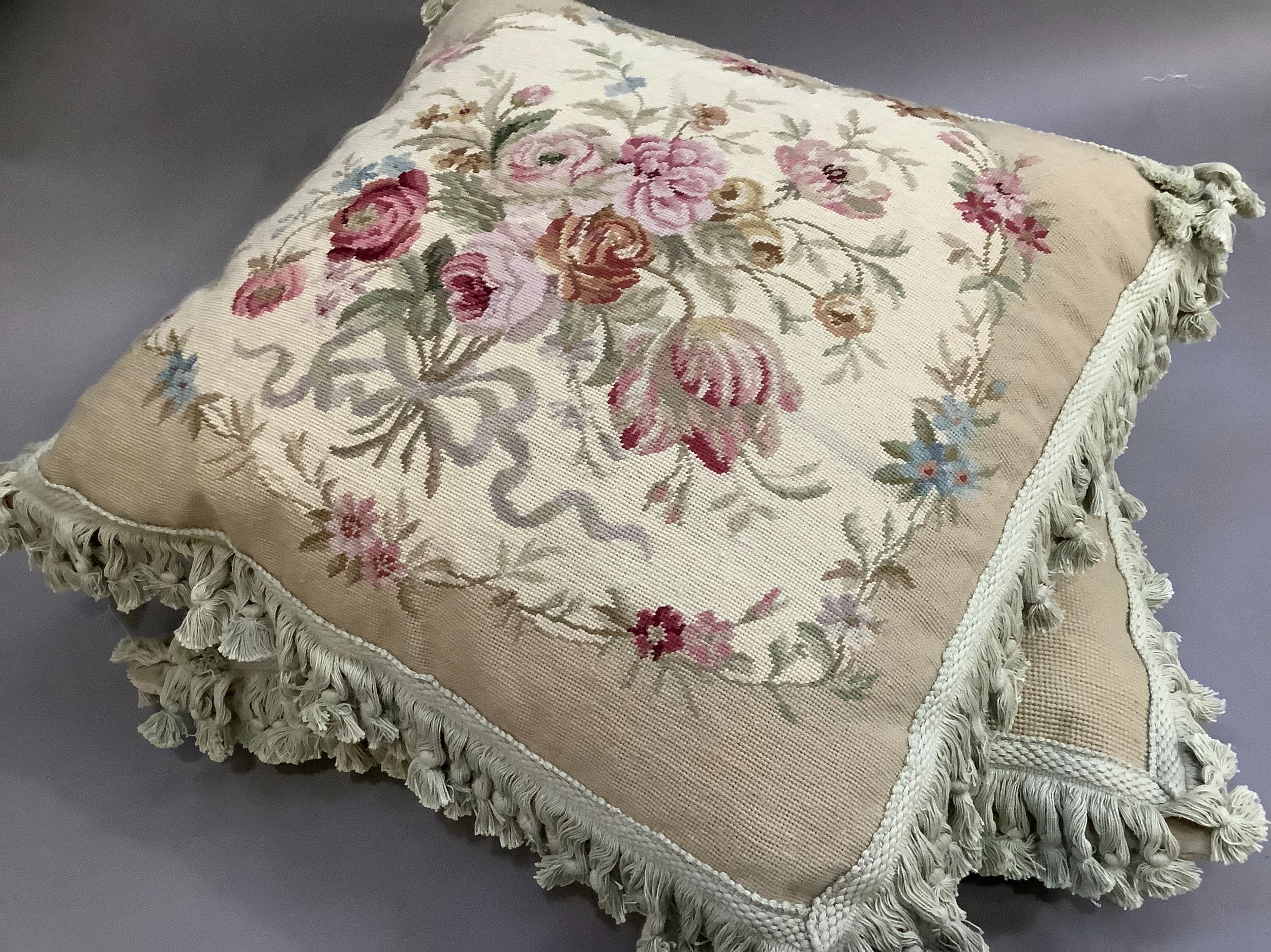 Two Chelsea Textile petit and gros point cushions, ribbon-tied summer flowers in shades of pink - Image 3 of 4