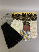 19th century bags and purses, a selection, hand worked in tape lace, crochet, macramé, weaving and