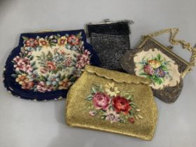 A vintage needlepoint and wool work purse with brass frame, a gilt beadwork and wool embroidery