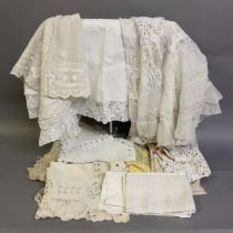 Antique and 20th century linen, mainly for the table: a small puffy marcella coverlet edged in