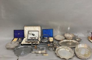 A collection of silver plated ware comprising an oval etched tray with galleried rim, another oval