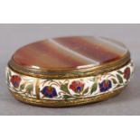 A late 19th century french banded agate gilt metal and champlevé enamel box of oval outline, 6.