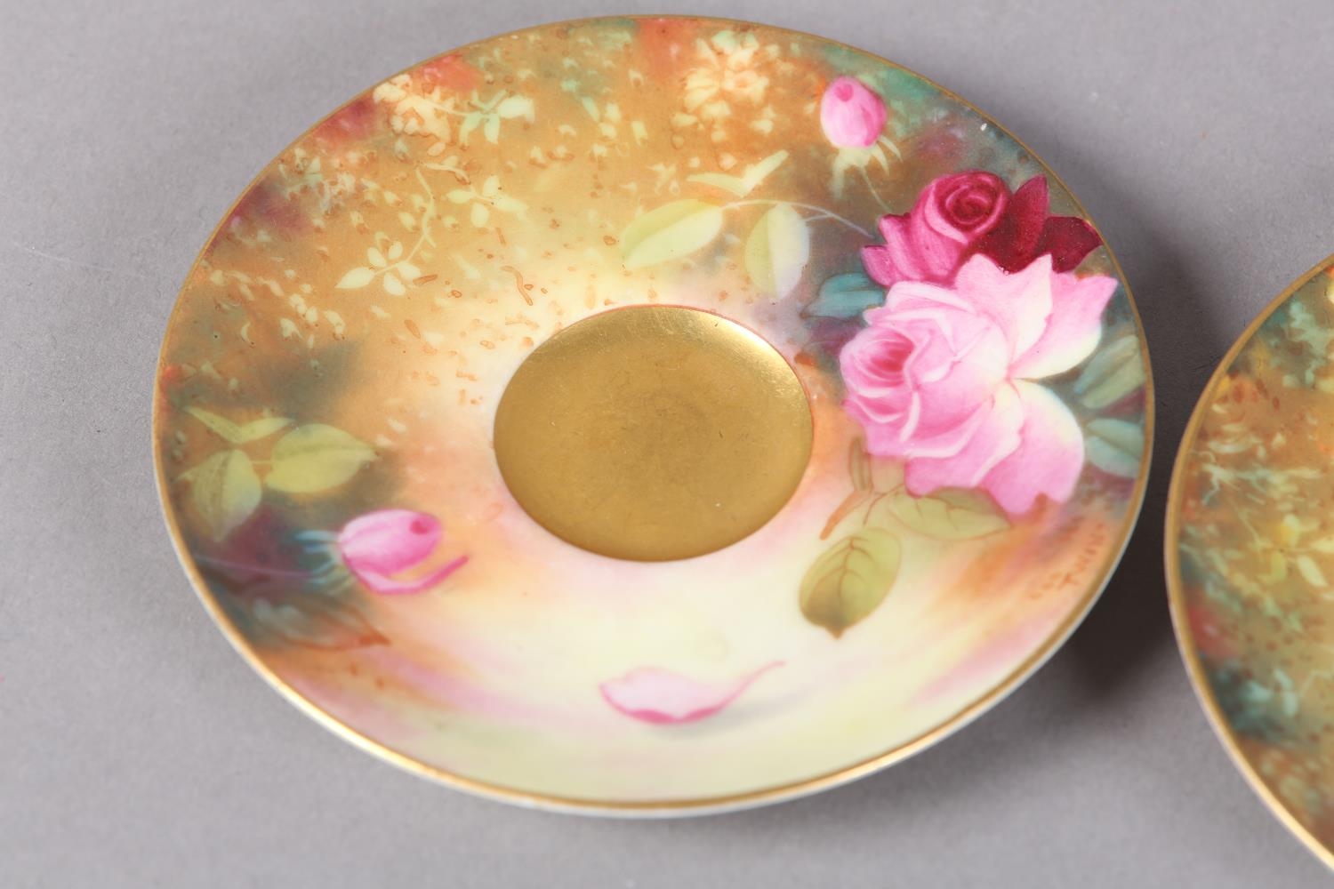 A pair of Royal Worcester cabinet cups and saucers, painted with yellow and pink roses, signed Twin, - Image 6 of 8