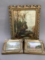 A pair of landscapes by T. Fahner, 'Rosedale' and 'Lakelands', in gilt frames, 13cm x 18cm, together