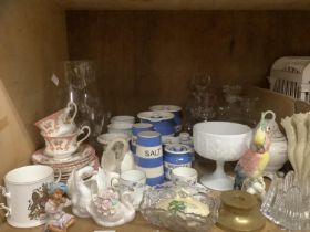 A collection of TG Green salt, pepper, mustard pots etc. large glass vase, gilt and pink tea set and