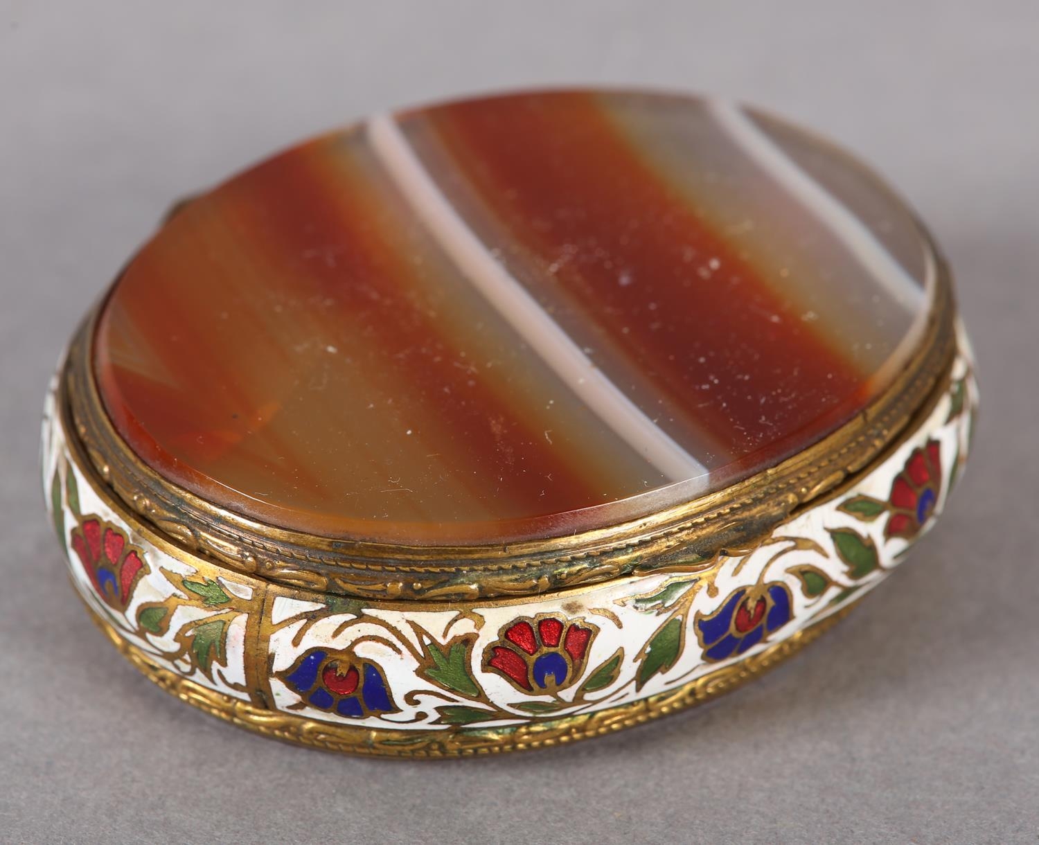 A late 19th century french banded agate gilt metal and champlevé enamel box of oval outline, 6. - Image 2 of 4