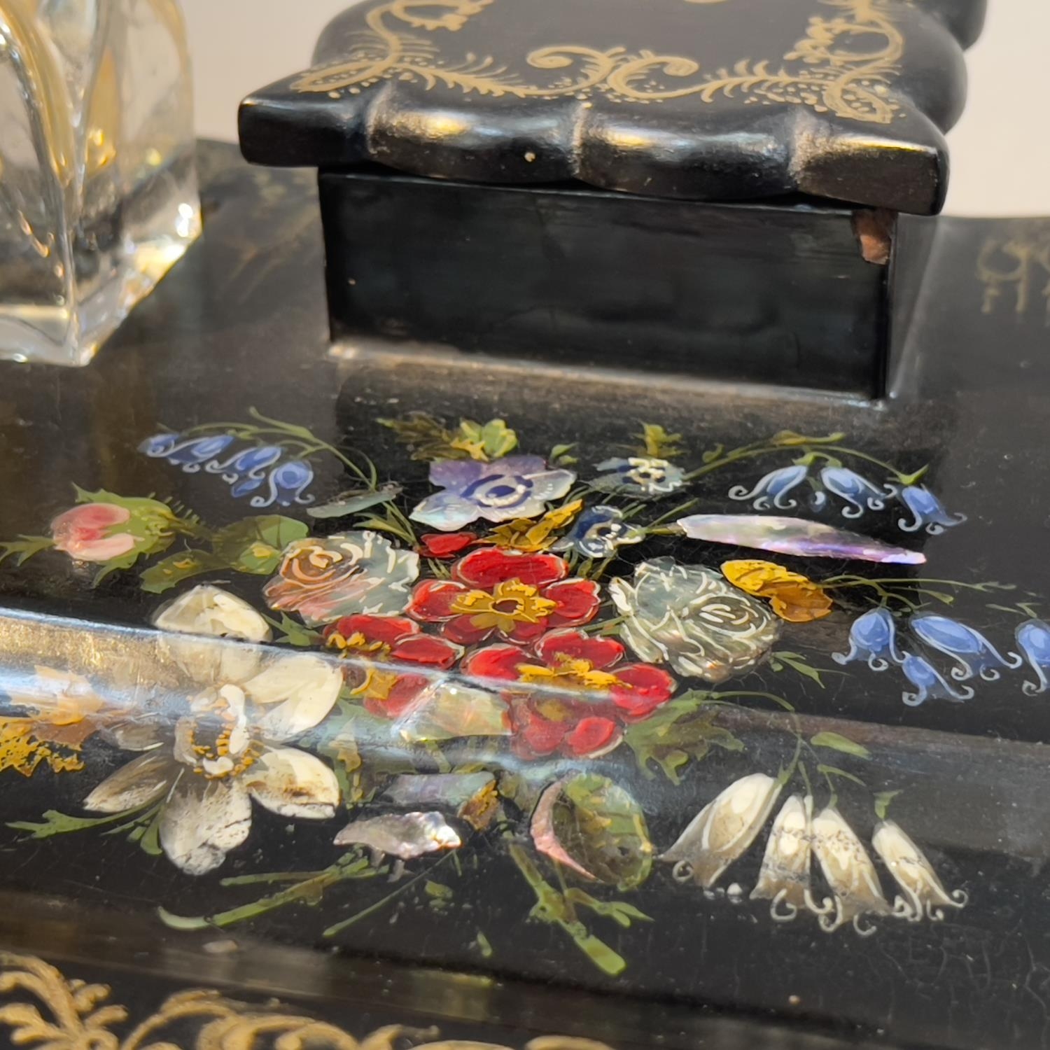 A Victorian papier mache desk standish, painted and inlaid with mother-of-pearl flowers gilt - Image 2 of 3