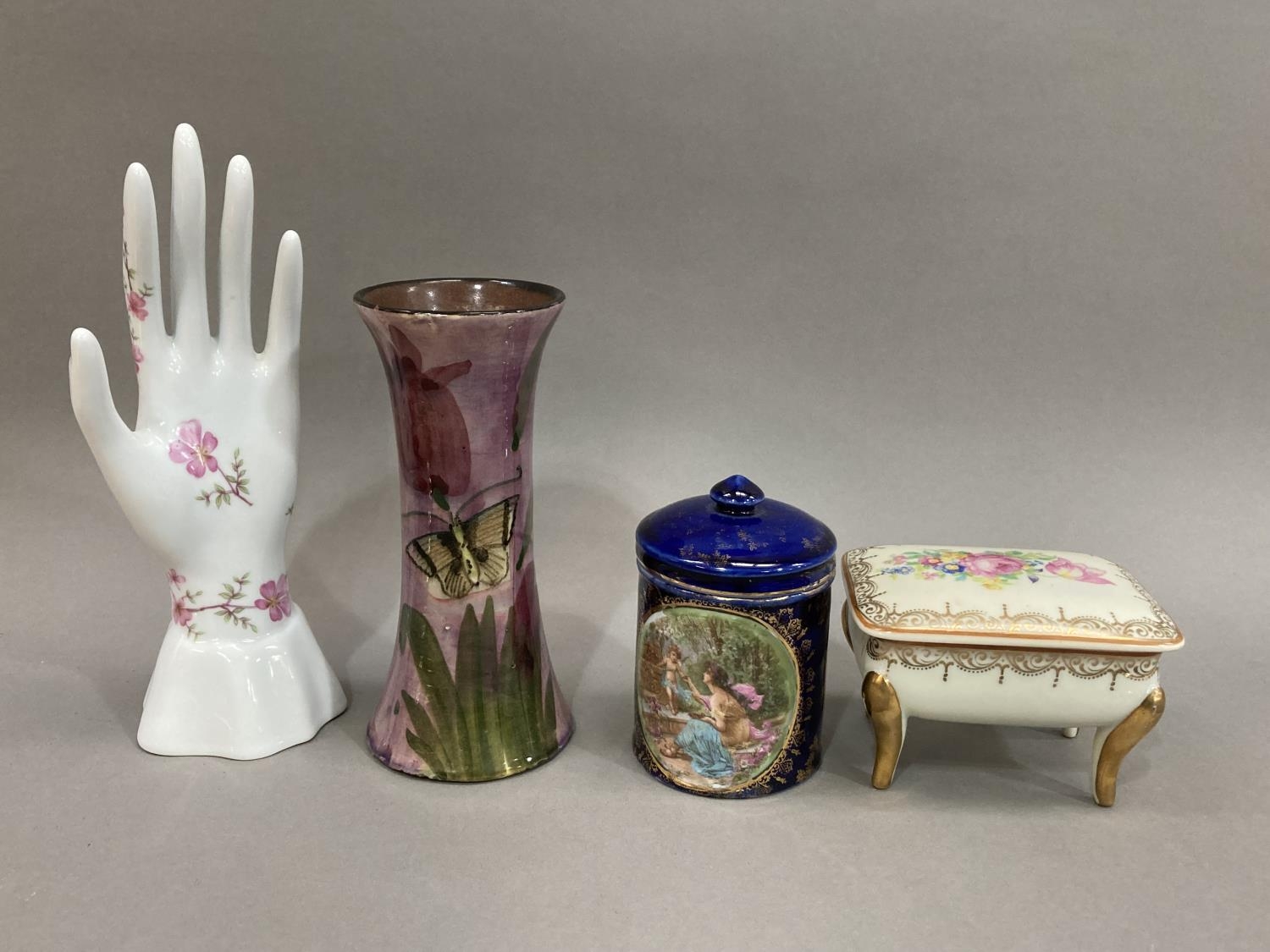 A Royal Crown Derby soup bowl and stand, a continental cobalt blue dish and lid with scene, a - Image 2 of 3