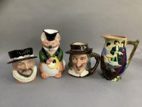 A Burleighware jug, Runaway Couple, a Royal Doulton Beefeater character jug, Izaak Walton and two