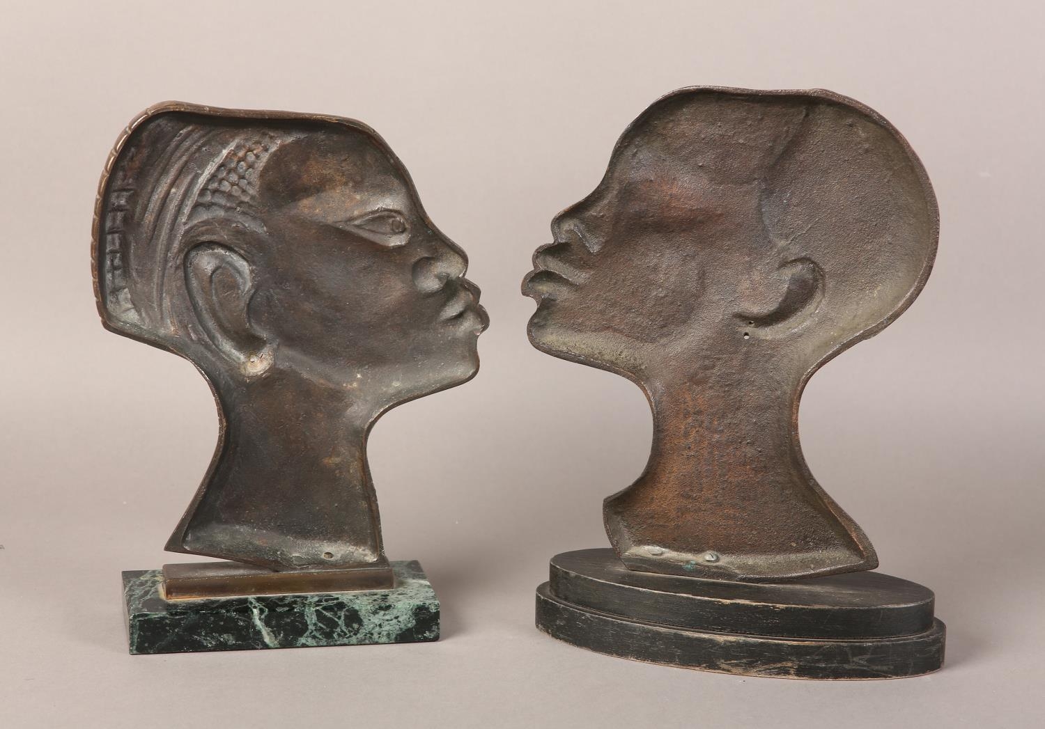 Two early 20th century bronze profiles of an African tribesman and woman, after Hagenau, coppered - Image 4 of 4