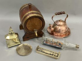 An oak and brass bound spirit barrel on stand together with a 19th century brass tobacco box the