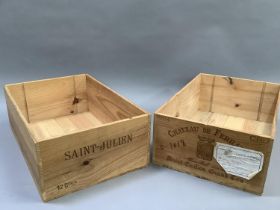 Two wooden wine cases for St. Julien and St. Emilion Grand Cru